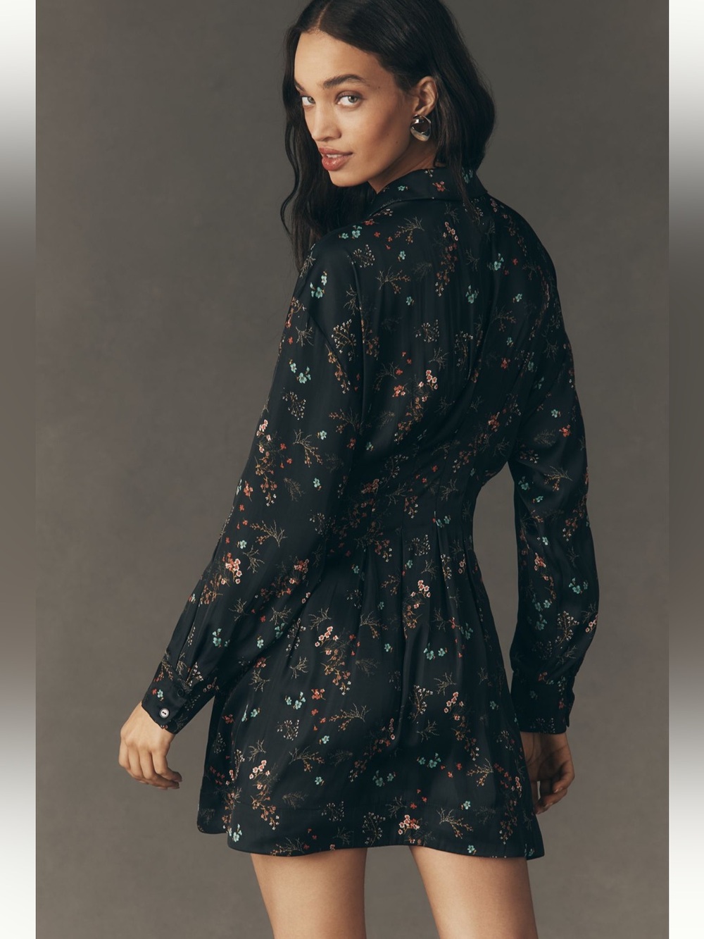 Anthropologie Romantic Tobie Black Satin Floral Mini Shirt Dress NWT M Femme - Picture 5 of 11